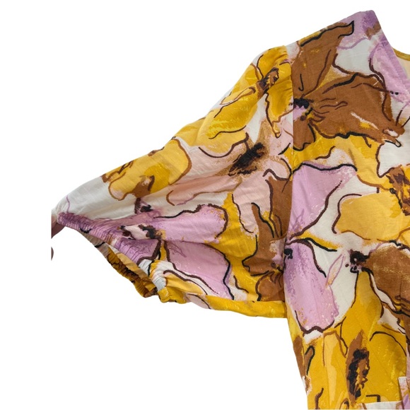 Nine West v-neck L golden yellow puff sleeve above the knee dress lined floral - Picture 3 of 11